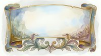 Watercolor scroll banner with ornate baroque floral corners in soft pastel tones, gold accents, and blank center space for text or design.