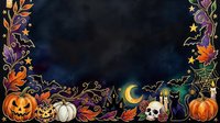 Autumn night celebration with carved pumpkins, skull, crescent moon, and ornate floral borders on dark chalkboard background. Seasonal decoration for fall events and holiday designs.