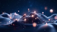 Glowing network connections float over abstract mountain landscape with luminous nodes and connecting lines against starry night sky background.