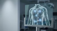 Digital medical scan displaying transparent human torso with illuminated lymphatic system and internal organs on modern display screen.