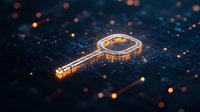 Glowing digital key on circuit board background with orange light particles, representing cybersecurity and data protection concept for technology solutions.