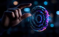Futuristic hand touching glowing digital spiral hologram with blue and purple particles against dark background with bokeh lights. Technology concept.