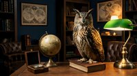 Majestic owl perched on vintage books in classic study room with globe, maps and green banker lamp creating scholarly atmosphere for education themes.
