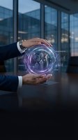 Businessman hands protecting holographic digital transformation interface with strategy icons and data analytics in modern office environment.