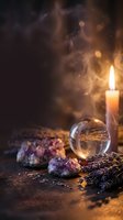 Mystical altar with amethyst crystals, crystal ball, dried lavender, and glowing candle surrounded by smoke in dark moody setting.