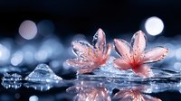 Pink lily flowers floating on water surface with ice crystals and bokeh lights creating magical winter atmosphere. Artistic macro photography with reflection.
