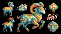 Colorful Chinese zodiac ram set with ornate floral patterns, lantern, and clouds, isolated on transparent background, ready for stickers, sublimation, and print on demand.