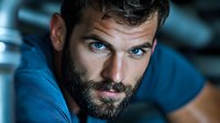 Dramatic portrait of bearded Caucasian male model with intense blue eyes and dark hair against blurred background, wearing blue t-shirt, looking directly at camera.