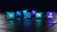 Glowing mobile app icons floating above dark surface with blue and purple neon lighting effects for digital technology and smartphone interface design.