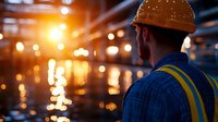 Male construction worker in hard hat and reflective vest observing industrial site at sunset, with dramatic orange lighting and bokeh effects creating atmospheric mood.