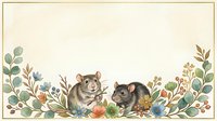 Two cute mice among watercolor wildflowers and green leaves on a vintage cream background with copy space for greeting cards.