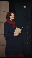 Young Caucasian woman with curly hair reading book at night, wearing navy coat and red scarf, standing near stone wall with full moon and city buildings in background.