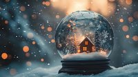 Magical snow globe with glowing cabin inside on snowy background with warm bokeh lights creating cozy winter holiday atmosphere and festive mood.