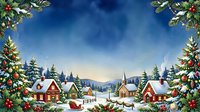 Winter village landscape with snow-covered cottages, evergreen trees, and festive decorations. Ideal for holiday cards, seasonal marketing, and Christmas-themed designs.