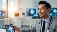 Professional Asian male doctor using digital tablet for medical diagnosis in modern hospital with advanced technology displays in background.