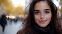 Young brunette woman with warm smile wearing dark turtleneck sweater outdoors in autumn city setting with golden hour lighting and blurred background.