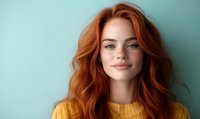 Young woman with natural red wavy hair and freckles wearing yellow sweater smiles confidently against turquoise wall background. Positive genuine expression.