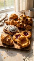Fresh baked pastries on wooden board with morning sunlight streaming through window creating warm breakfast scene for bakery and food photography.