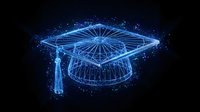 Glowing wireframe graduation cap with tassel on dark background, representing education, academic achievement, and digital learning technology for online courses.