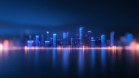 Modern city skyline with glowing neon reflections on water surface at night. Futuristic urban landscape with illuminated skyscrapers creates peaceful atmosphere.
