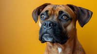 Close up portrait of brown Rhodesian Ridgeback mixed breed dog with expressive blue eyes and floppy ears against vibrant yellow background, looking at camera with curious expression.