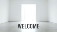 Bright open double doors in a white room with welcome text, symbolizing new opportunities, hospitality, and fresh starts for business or motivational use.