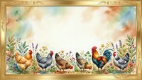 Watercolor chickens and roosters border frame with wildflowers on textured background for farmhouse decor and rustic design projects.