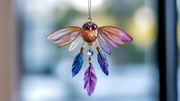 Decorative dreamcatcher pendant with copper beetle and colorful feathers hanging against blurred background, spiritual boho style home decor element.
