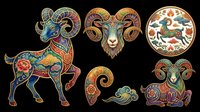 Colorful Chinese zodiac ram set with ornate floral patterns, isolated on transparent background. Great for clipart, stickers, T-shirt design, sublimation, and print on demand.