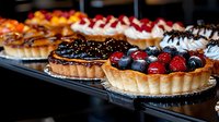 Fresh berry tarts with flaky pastry crust displayed in bakery case, topped with blueberries, strawberries and chocolate drizzle on dark background. Food photography.