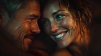 Intimate couple sharing tender moment with warm lighting, man and woman embracing closely, romantic connection, love and affection, emotional bonding between partners.