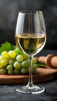 Glass of white wine with fresh grapes and cork on wooden board, elegant tasting setup for restaurant menu, wine bar promotion or culinary photography.