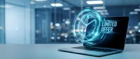 Laptop with glowing holographic clock and limited offer text on screen, digital marketing and e-commerce promotion concept in modern office.
