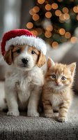 Adorable puppy wearing Santa hat sitting next to orange kitten with Christmas tree bokeh lights in cozy holiday home setting for seasonal greeting cards.