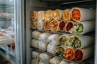 Assorted wraps and sandwiches with fresh vegetables, meats, and spreads displayed on refrigerated shelves in a commercial deli case for quick service restaurants.