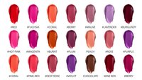 Colorful lipstick swatches palette showing various shades from red to purple with color names labels for beauty and cosmetics design.