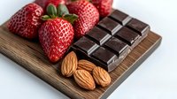 Fresh ripe strawberries with dark chocolate bar squares and raw almonds arranged on wooden cutting board, close up view showing texture and details.