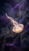 Glowing jellyfish drifts through a dark cosmic ocean with purple nebula swirls and golden particles, blending marine life with space fantasy.