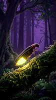 Glowing firefly beetle with bright yellow light sitting on mossy forest ground in mystical purple woodland at night creating magical atmosphere.