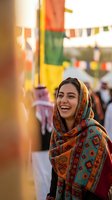 Young Middle Eastern woman laughing joyfully at a colorful outdoor cultural festival, wearing a traditional patterned shawl with vibrant flags in background.