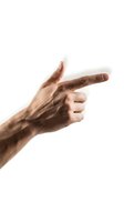 Male hand with medium skin tone making a pointing gesture with index and middle fingers extended, isolated on white background for design, presentations, and communication concepts.