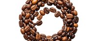 Roasted coffee beans arranged in circular pattern on white background. Fresh arabica beans forming ring shape for cafe branding and beverage marketing materials.