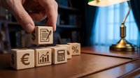 Hand placing wooden cube with tax document icon among financial symbol blocks on desk with vintage lamp in professional office setting.