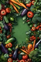 Fresh vegetables frame on green background with tomatoes, carrots, eggplants, cucumbers, broccoli and herbs. Natural food border layout for menu design.