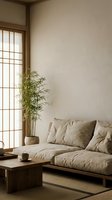 Minimalist living room with beige sofa, wooden coffee table, bamboo plant in vase, and shoji window. Serene interior design for home decor and lifestyle projects.