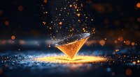 Magical glowing hourglass with golden sand particles floating in dark space, sparkling light effects and bokeh create mystical atmosphere.