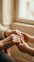 Elderly wrinkled hands holding young smooth hands in warm sunlight showing intergenerational care, support and family connection in home setting.