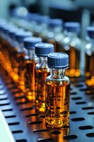 Amber glass bottles with blue caps containing golden liquid arranged in laboratory rack for pharmaceutical, chemical, or medical research and development applications.