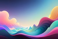 Vibrant flowing waves in gradient colors create dynamic abstract landscape with pink, purple, turquoise and yellow curves against fading sky background.