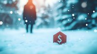 Silhouette of person walking in snowy forest with red dollar sign house in foreground, representing winter financial concept.